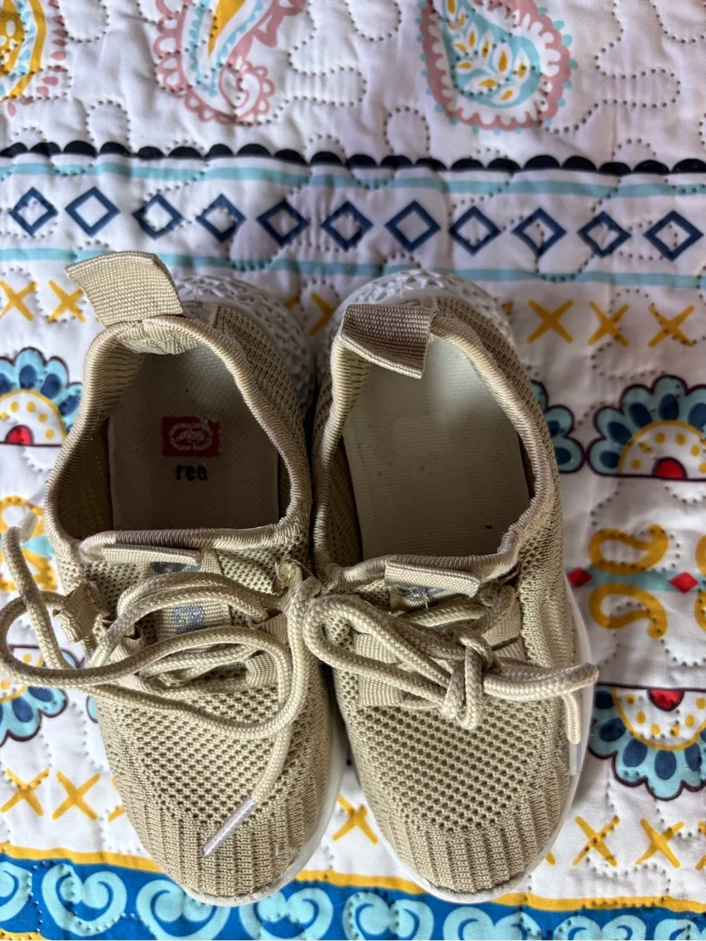 Red Kids Tan Knit Slip-On Sneakers with White Sole